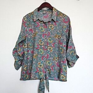 Boemo -587 Vibrant Pink Green Paisley Print‎ Button Down Tie Front Blouse XL